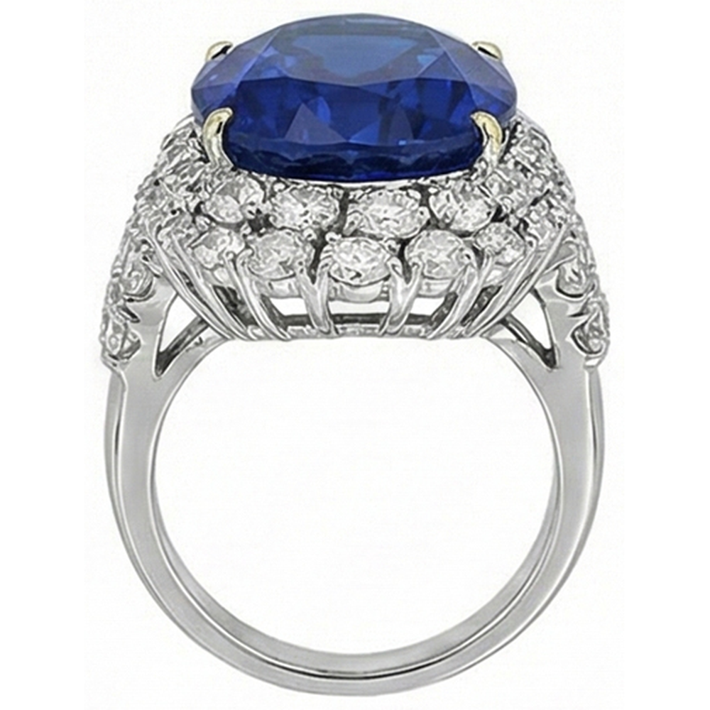 7 Kt Oval Sri Lanka Blauer Saphir Und Aus der Erde Abgebauter Natürlicher Diamanten Ring Weißgold 14K