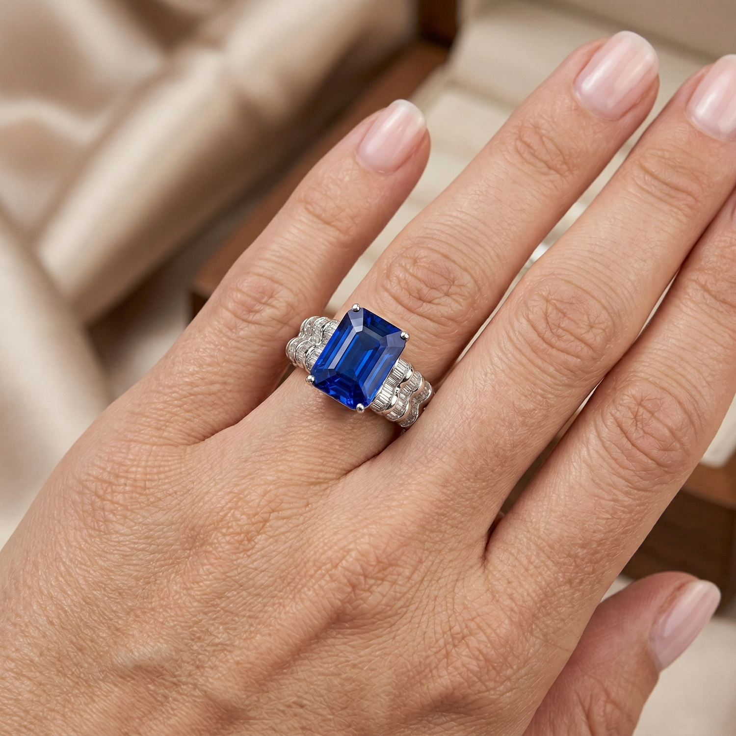echter baguette saphir 7.51Karat ring auf Weiß