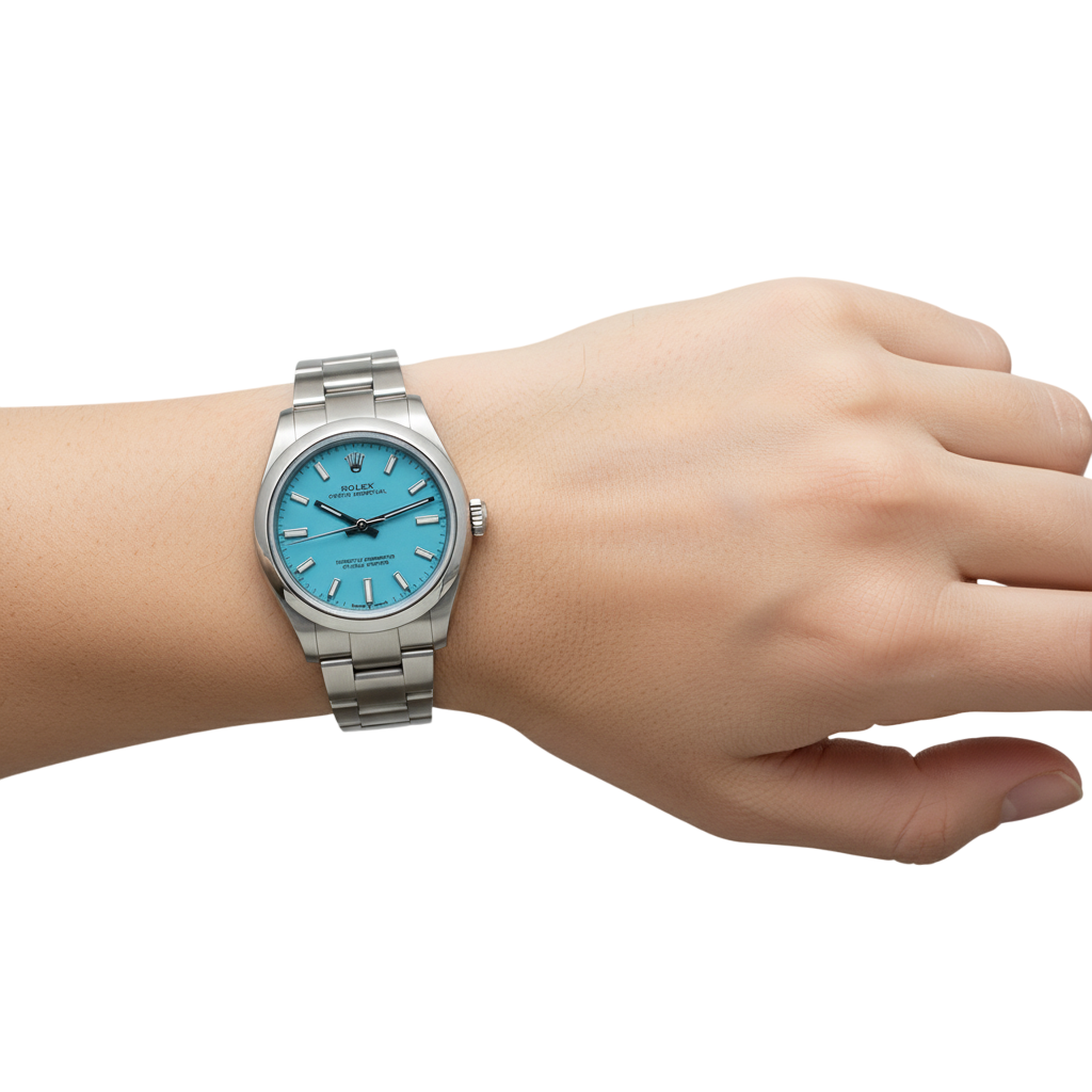 Rolex Oyster Perpetual Damenuhr aus Stahl mit Tiffany-Leuchtzifferblatt, 31 mm