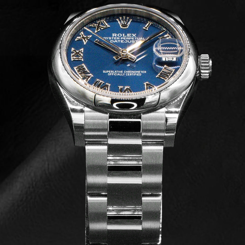 Rolex Datejust 31 mm blaue Damenuhr mit römischem Zifferblatt aus Edelstahl