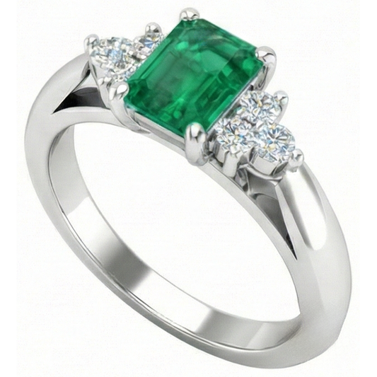 8.90 Karat grüner Smaragd mit weißen Aus der Erde Abgebauter Natürlicher Diamanten Ring 14K Weißgold