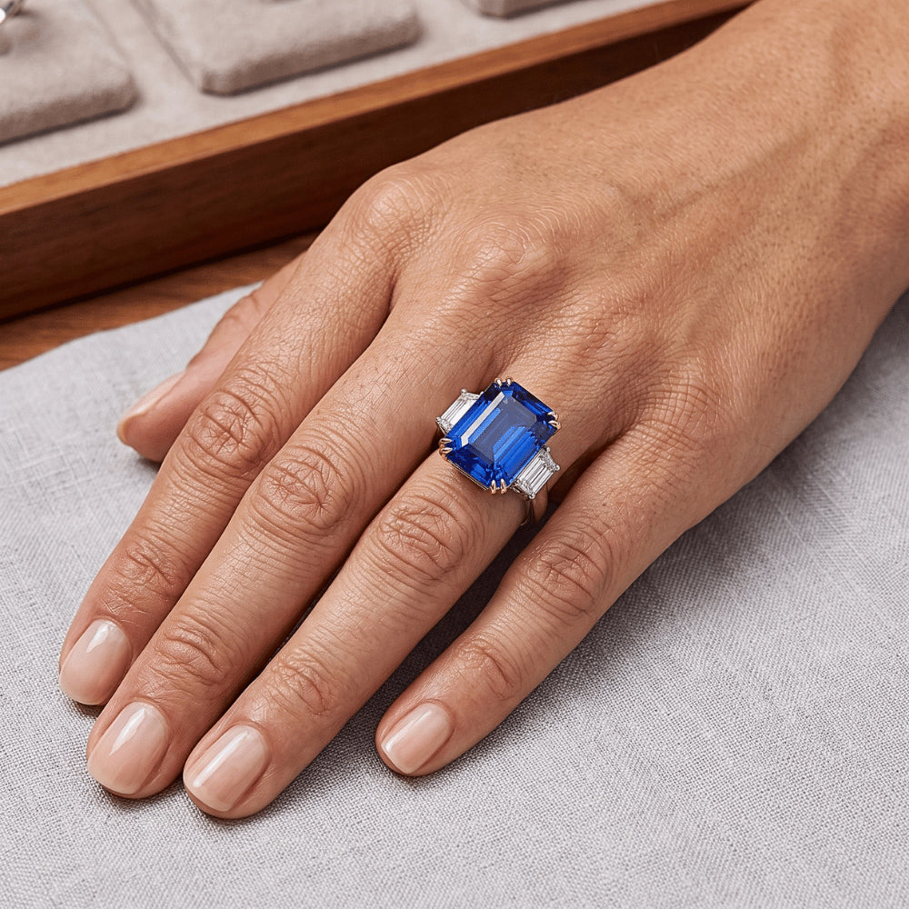 8 Carat blauer Saphir- und Aus der Erde Abgebauter Natürlicher Diamantring