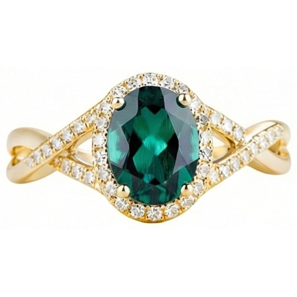 8 Karat grüner Smaragd-Stein-Ring mit Aus der Erde Abgebauter Natürlicher Diamantschmuck Gelbgold 14K