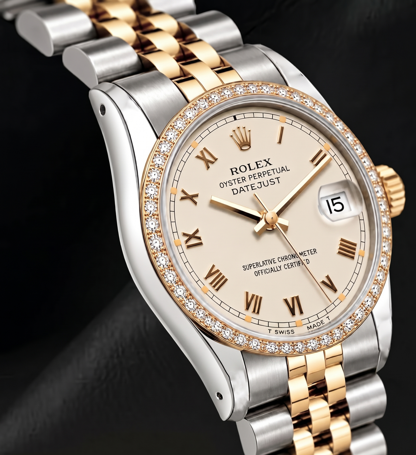 Rolex 36 mm Datejust 16233 Bicolor-Uhr mit elfenbeinfarbenem Zifferblatt und römischen Ziffern