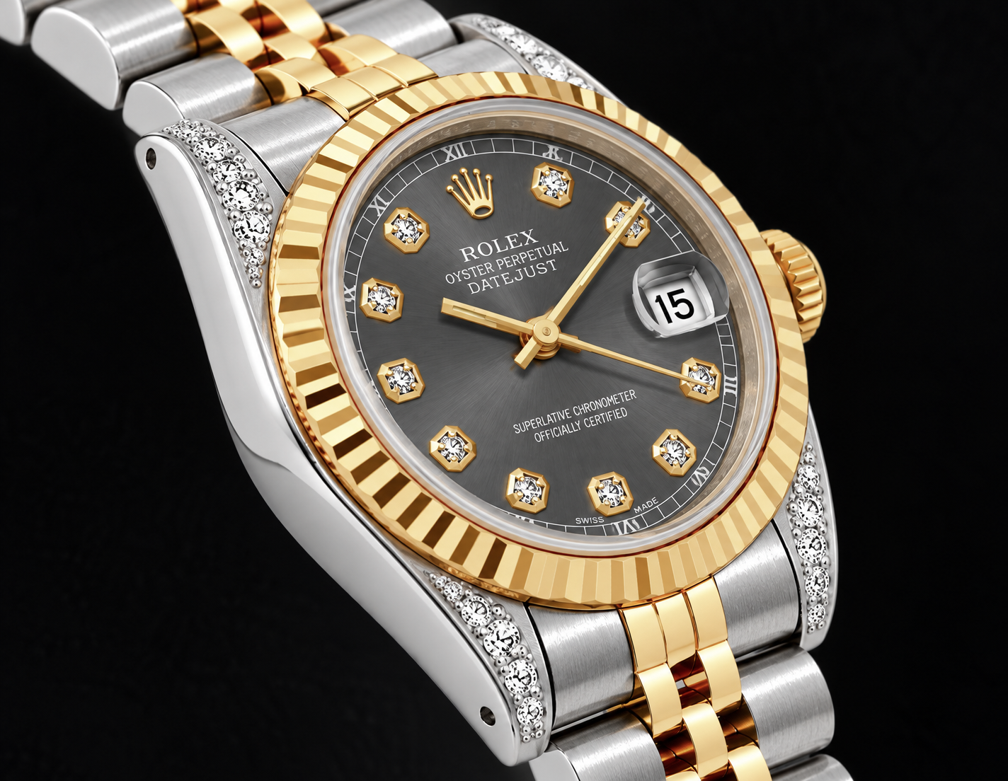 Rolex Datejust 69173 26 mm Bicolor-Uhr mit grauem Diamantzifferblatt und geriffelter Lünette