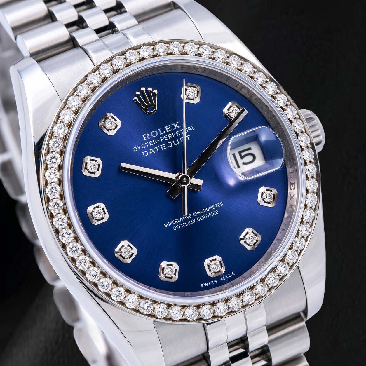 Rolex 16200 Datejust 36 mm Edelstahl-Uhr mit blauem Diamantzifferblatt