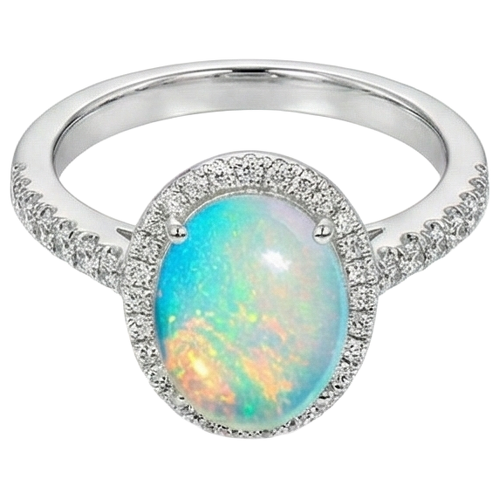 9.40 Kt Großer Opal Und Aus der Erde Abgebauter Natürlicher Diamanten Jubiläumsring Weißgold 14K