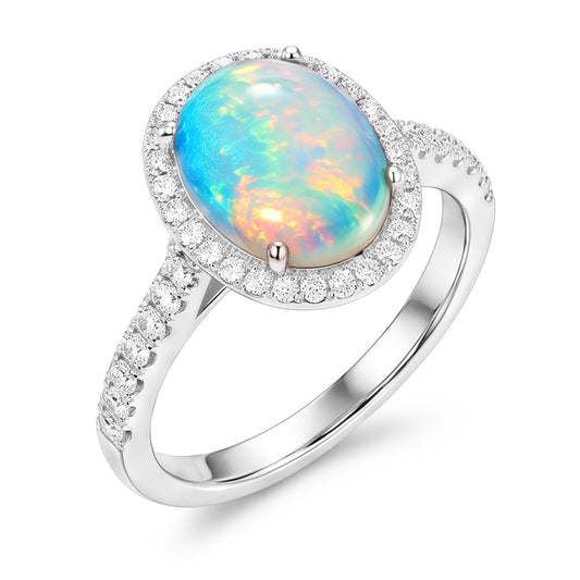 9.40 Kt Großer Opal Und Aus der Erde Abgebauter Natürlicher Diamanten Jubiläumsring Weißgold 14K