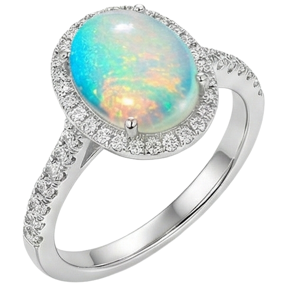 9.40 Kt Großer Opal Und Aus der Erde Abgebauter Natürlicher Diamanten Jubiläumsring Weißgold 14K
