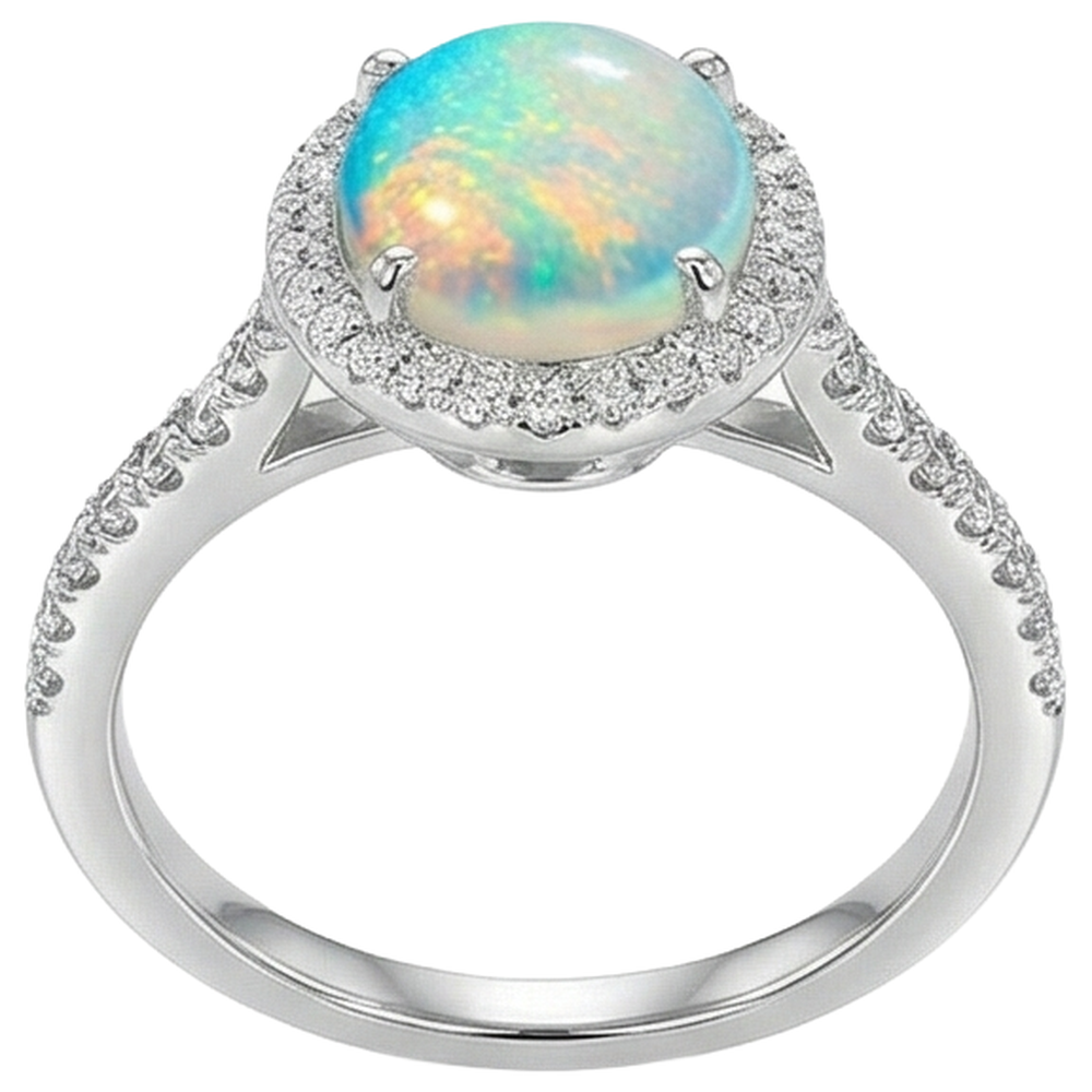 9.40 Kt Großer Opal Und Aus der Erde Abgebauter Natürlicher Diamanten Jubiläumsring Weißgold 14K