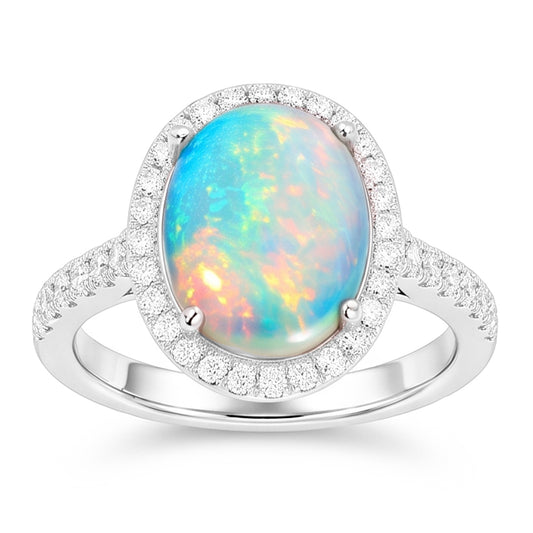 9.40 Kt Großer Opal Und Aus der Erde Abgebauter Natürlicher Diamanten Jubiläumsring Weißgold 14K
