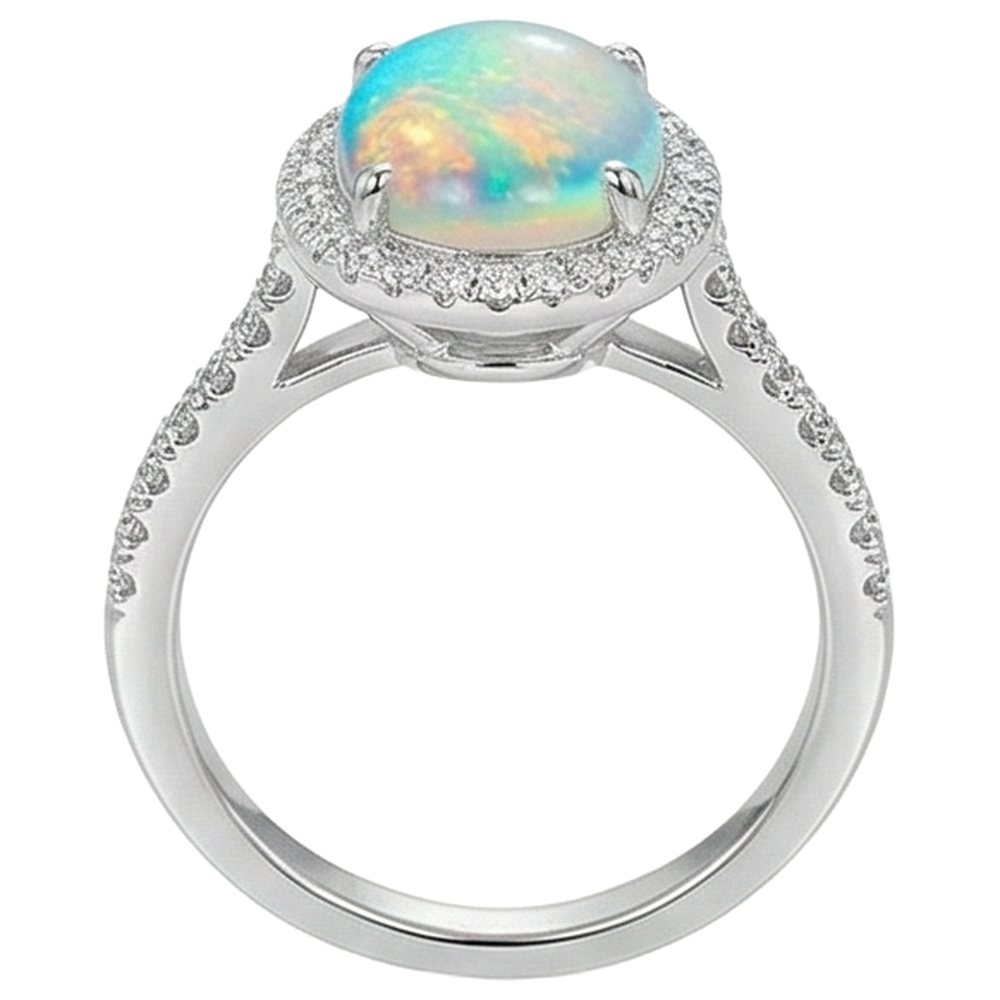9.40 Kt Großer Opal Und Aus der Erde Abgebauter Natürlicher Diamanten Jubiläumsring Weißgold 14K