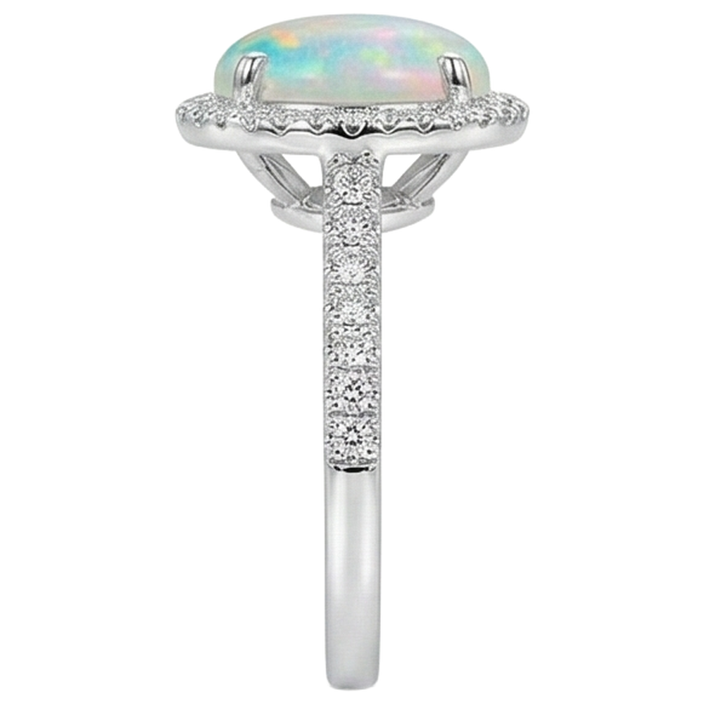 9.40 Kt Großer Opal Und Aus der Erde Abgebauter Natürlicher Diamanten Jubiläumsring Weißgold 14K