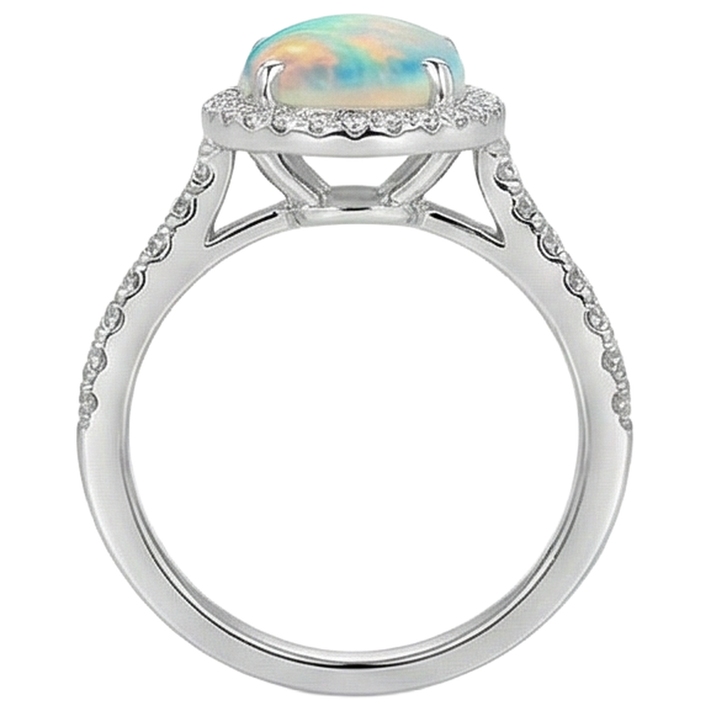 9.40 Kt Großer Opal Und Aus der Erde Abgebauter Natürlicher Diamanten Jubiläumsring Weißgold 14K