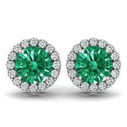9 Karat Runder Grün Smaragd- Und Halo-Aus der Erde Abgebauter Natürlicher Diamant-Ohrstecker Weißgold 14K