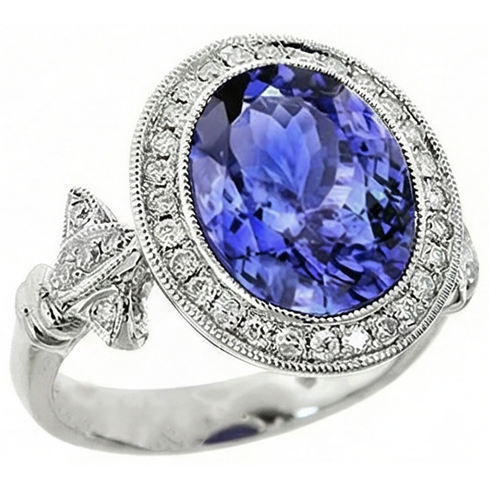 9 Karat Tansanit Fancy Ring mit kleinen Aus der Erde Abgebauter Natürlicher Diamanten Weißgold 14K