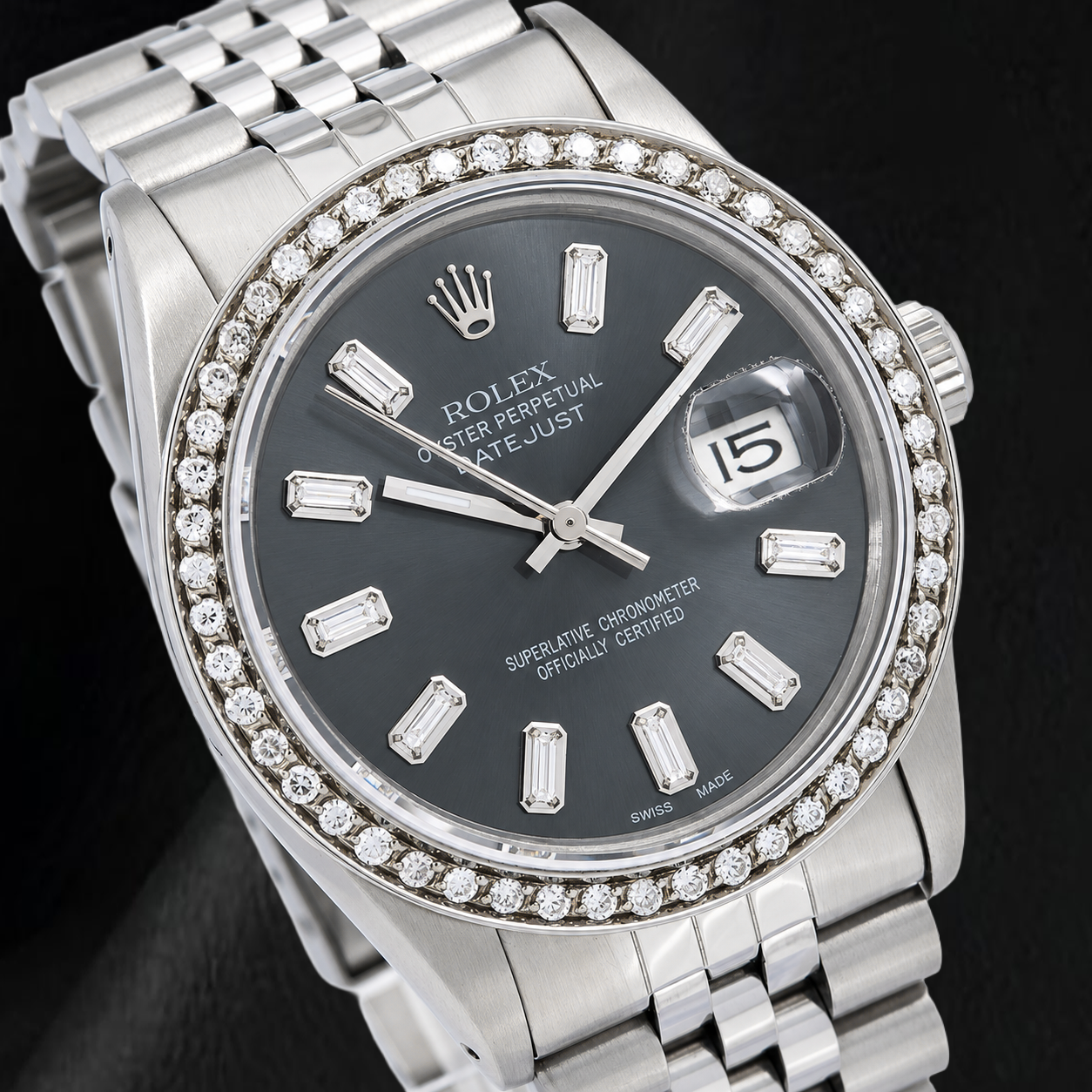 Rolex Datejust 16014 36 mm Uhr aus Edelstahl mit grauem Diamantzifferblatt