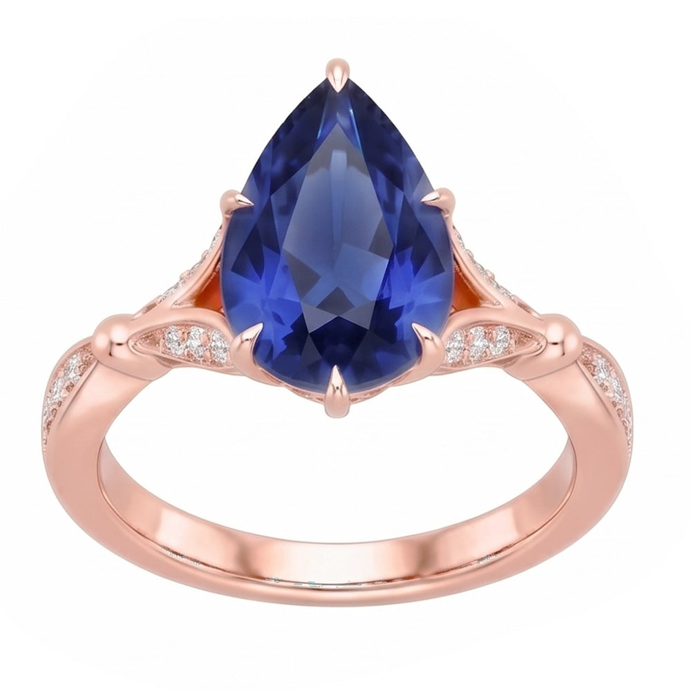 Akzent Verlobungsring Birne Ceylon Saphir & Aus der Erde Abgebauter Natürlicher Diamanten 4,50 Karat