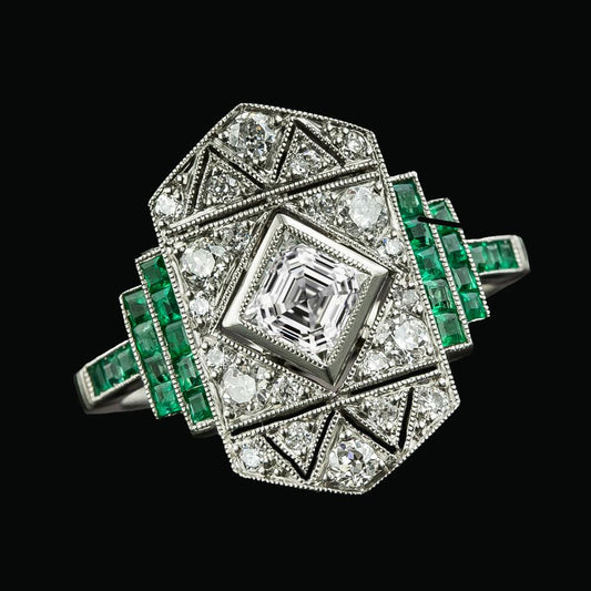 Alter Bergmann Diamant & Smaragd Ring Lünette Satz Asscher 4,25 Karat