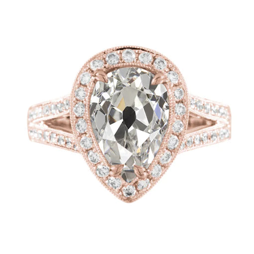 Altschliff Birne Halo Echt Diamant Ring Split Shank 3.50 Karat Roségold