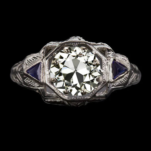 Altschliff Echt Diamant & Trillion Saphir 3 Stein Ring 3.50 Karat Filigran