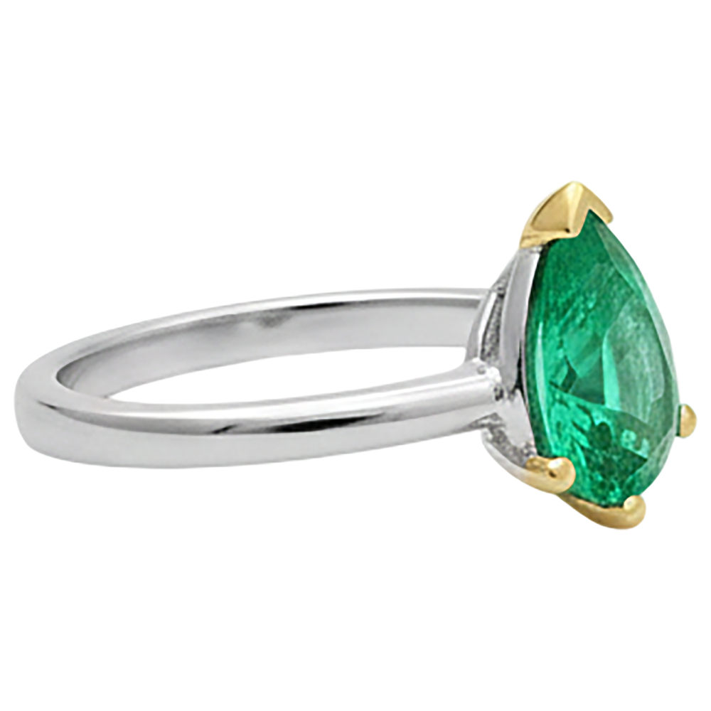 Edler Smaragd Birnen-Schliff Farbstein-Ring in Bicolor 14K Gold – Profilansicht