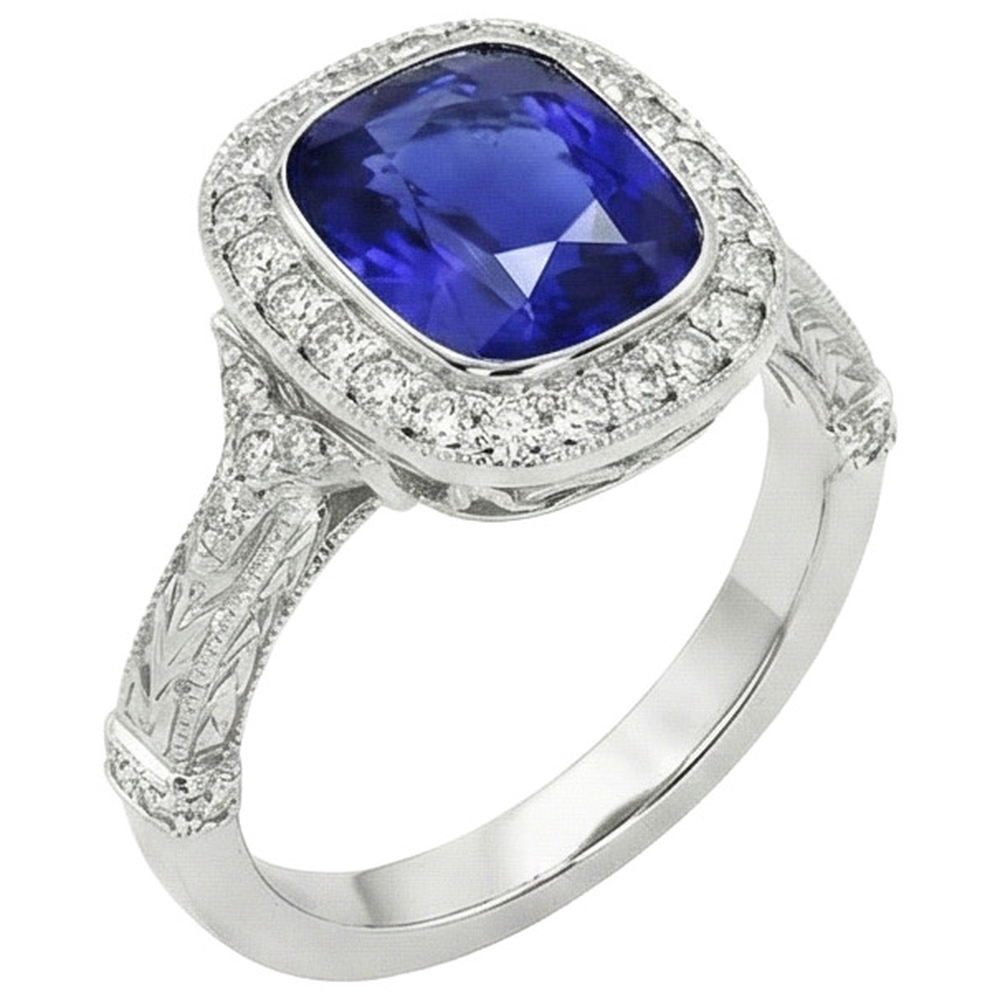 Antik-Stil Aus der Erde Abgebauter Natürlicher Diamantring Lünette Set Kissen Ceylon Saphir 8 Karat
