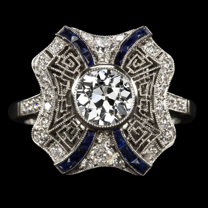 Antiker Altschliff Echt Diamant & Trapezoid Saphir Ring 3.75 Karat