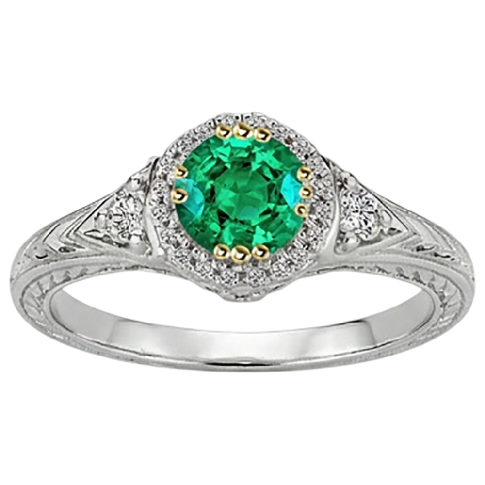 Brillantschliff Edler Smaragd Ring in 14 Karat Zweifarbig Gold – Schrägansicht