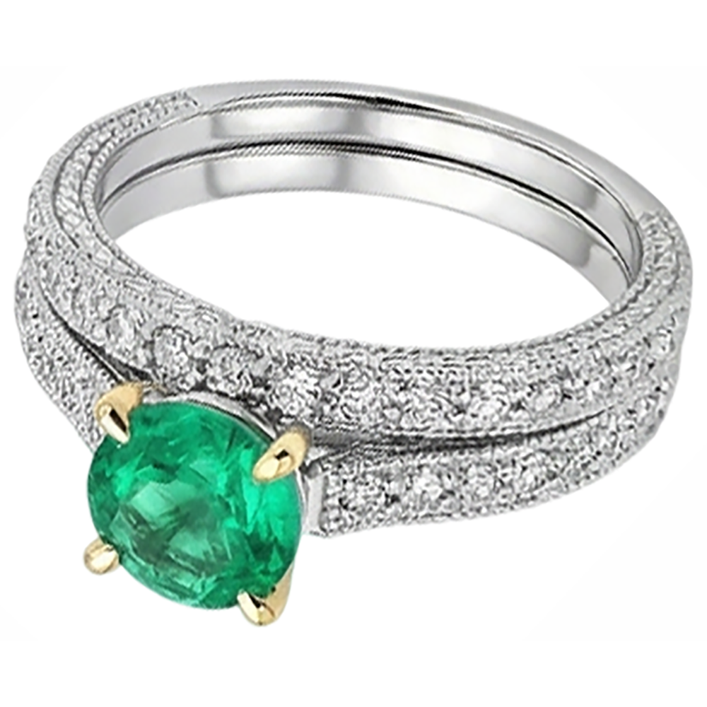 Rund-Brillant Kolumbianischer Smaragd Ring in 14 Karat Zweifarbig Gold – Schrägansicht