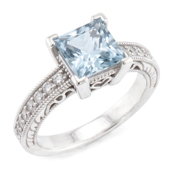 Aquamarin im Princess-Schliff mit runden Aus der Erde Abgebauter Natürlicher Diamanten 16 Karat Ring Weißgold