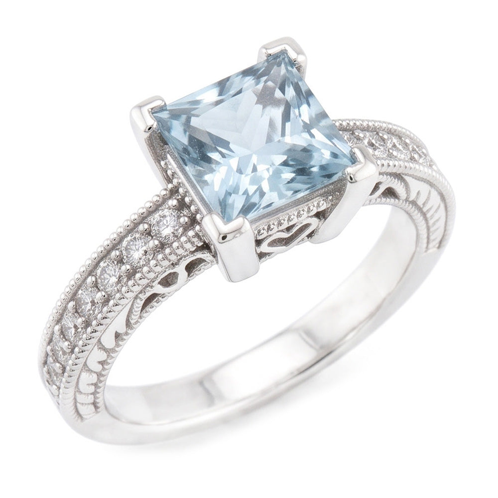 Aquamarin im Princess-Schliff mit runden Aus der Erde Abgebauter Natürlicher Diamanten 16 Karat Ring Weißgold