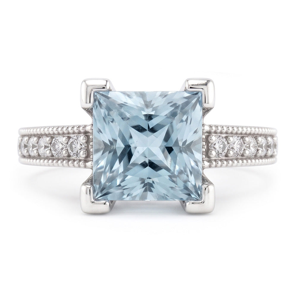 Aquamarin im Princess-Schliff mit runden Aus der Erde Abgebauter Natürlicher Diamanten 16 Karat Ring Weißgold