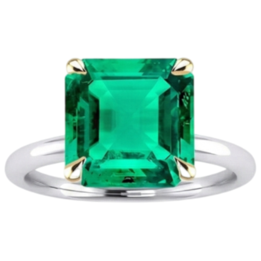Smaragd Asscher-Schliff Schmuckstein-Ring in Zweifarbiges 14K Gold – Frontansicht