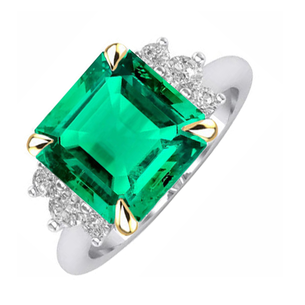 Echter Kolumbianischer Smaragd Edelstein-Ring 4 Karat 14 Karat Zweifarbig Gold – Frontansicht