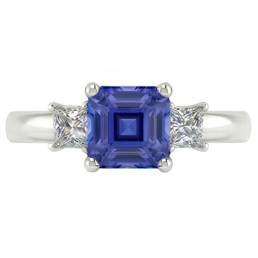 Asscher Saphir 3 Steine Ring 1,50 Karat Funkelnde Prinzessin Aus der Erde Abgebauter Natürlicher Diamanten