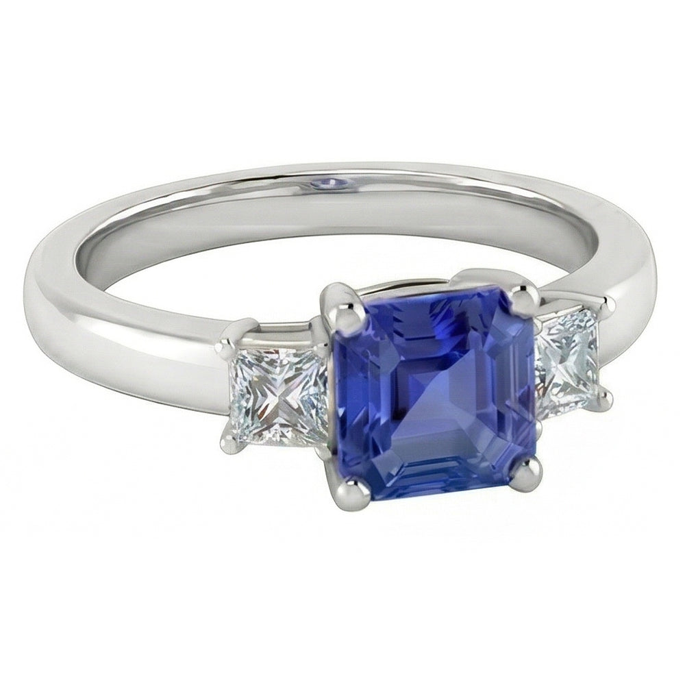 Asscher Saphir 3 Steine Ring 1,50 Karat Funkelnde Prinzessin Aus der Erde Abgebauter Natürlicher Diamanten