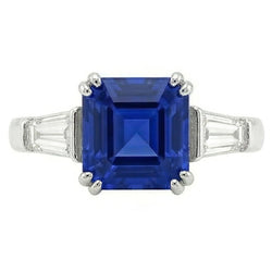 Asscher Saphir-Ring aus Gold mit drei Steinen 2.50 Karat Baguette-Aus der Erde Abgebauter Natürlicher Diamanten