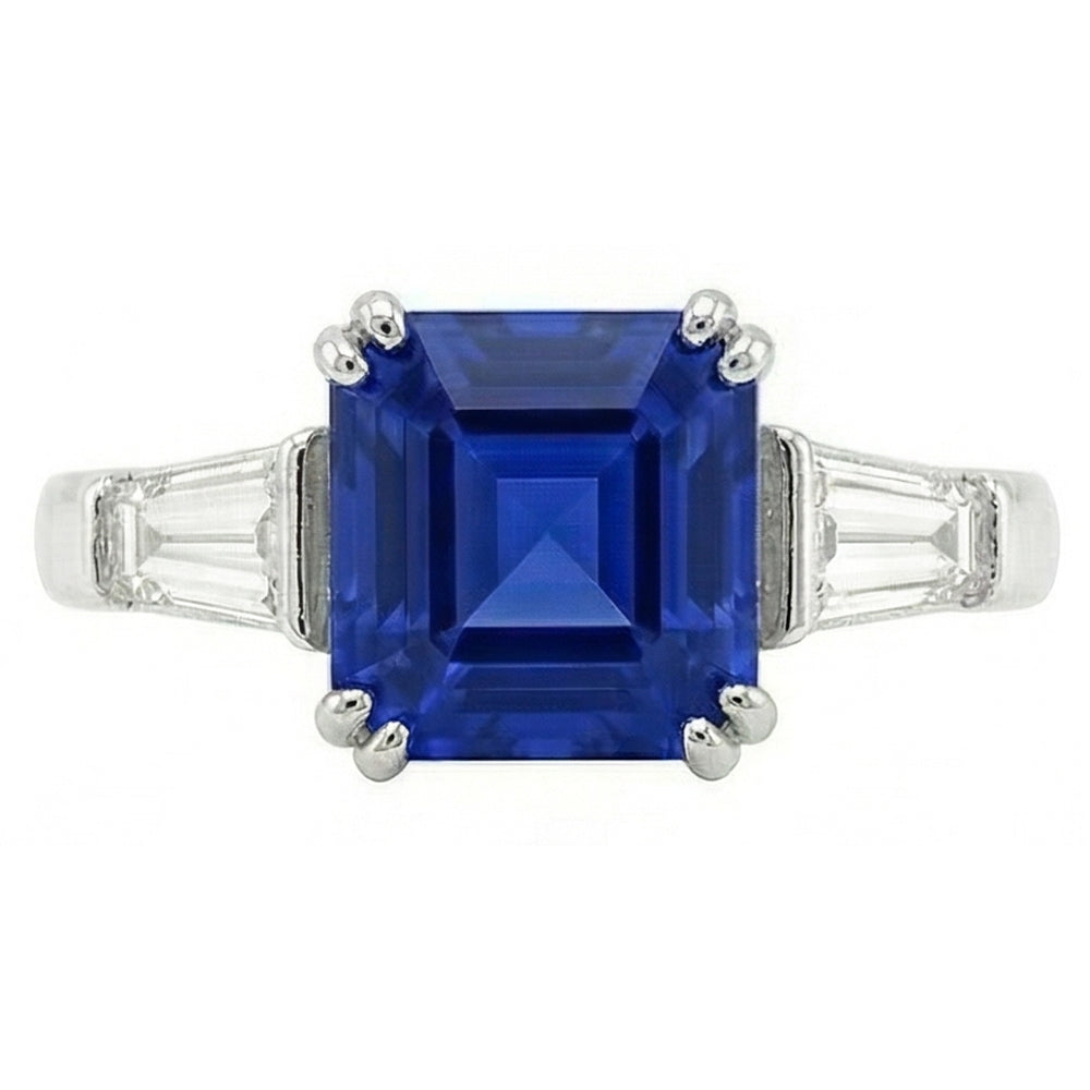 Asscher Saphir-Ring aus Gold mit drei Steinen 2.50 Karat Baguette-Aus der Erde Abgebauter Natürlicher Diamanten
