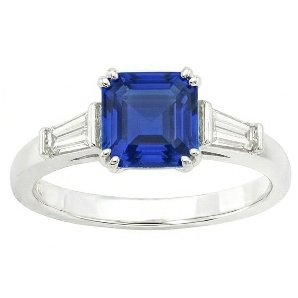 Asscher Saphir-Ring aus Gold mit drei Steinen 2.50 Karat Baguette-Aus der Erde Abgebauter Natürlicher Diamanten