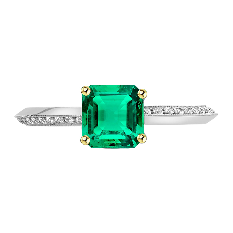 Asscher Gruner Smaragd Diamant Ring Milgrain Design