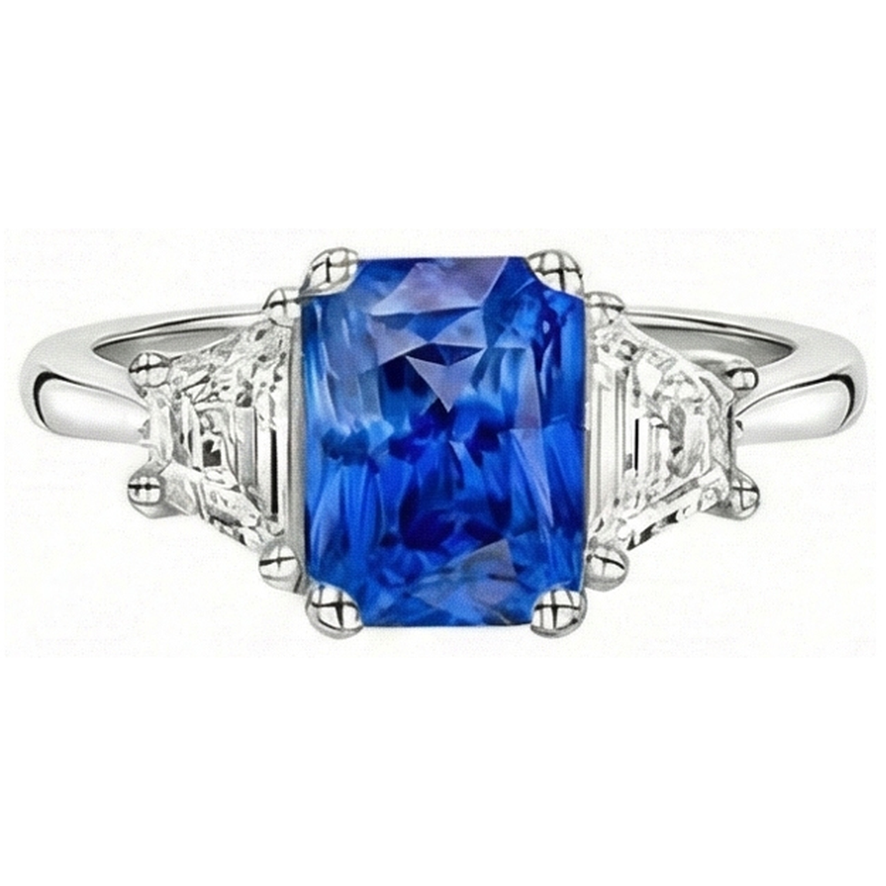 Natürlicher Diamant ( nicht im Labor gezüchtet ) 3 Stein Saphir Ring Trapez Steine Konischer Schaft 3 Karat