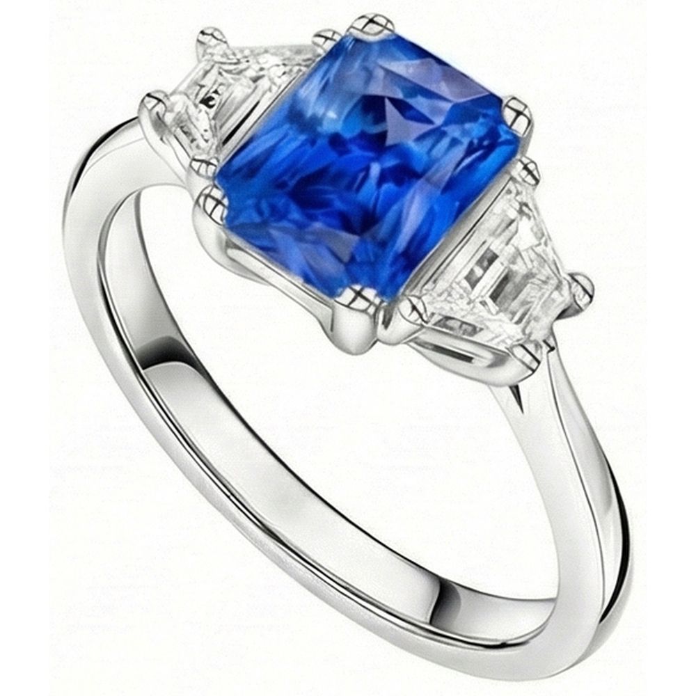 Natürlicher Diamant ( nicht im Labor gezüchtet ) 3 Stein Saphir Ring Trapez Steine Konischer Schaft 3 Karat