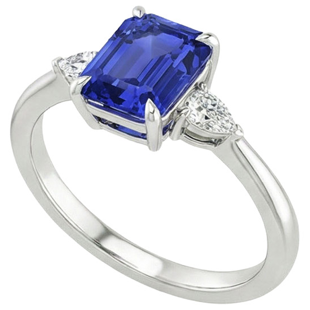 Aus der Erde Abgebauter Natürlicher Diamant 3 Steine Ring Smaragd & Birne Blauer Saphir 3.25 Karat