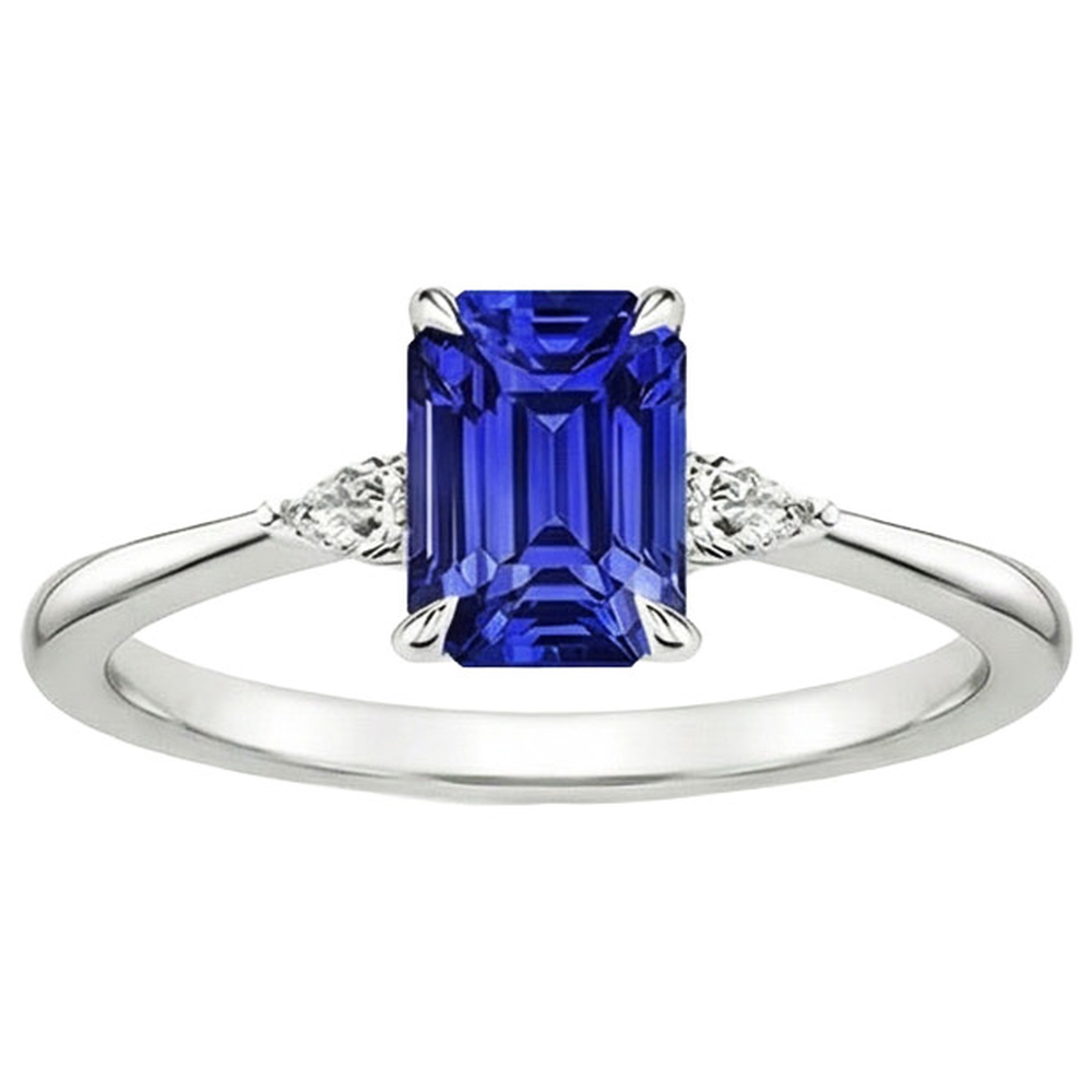 Aus der Erde Abgebauter Natürlicher Diamant 3 Steine Ring Smaragd & Birne Blauer Saphir 3.25 Karat