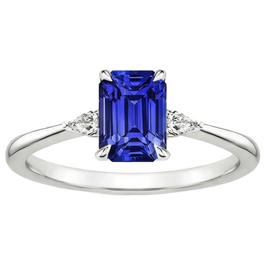 Aus der Erde Abgebauter Natürlicher Diamant 3 Steine Ring Smaragd & Birne Blauer Saphir 3.25 Karat