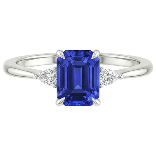Aus der Erde Abgebauter Natürlicher Diamant 3 Steine Ring Smaragd & Birne Blauer Saphir 3.25 Karat