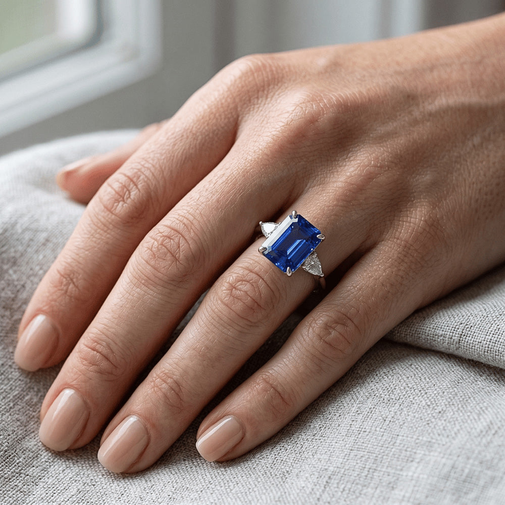 Aus der Erde Abgebauter Natürlicher Diamant 3 Steine Ring Smaragd & Birne Blauer Saphir 3.25 Karat