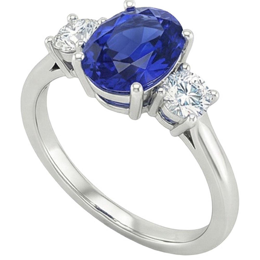 Aus der Erde Abgebauter Natürlicher Diamant-Drei-Steine-Ring 4,75 Karat Oval srilankischer Saphir-Schmuck