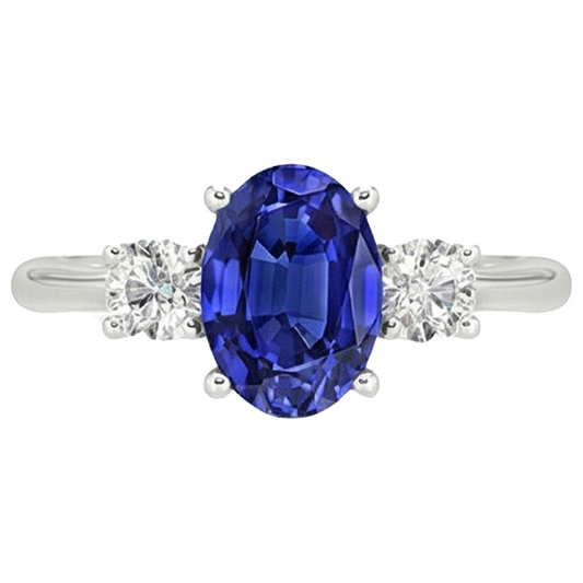 Aus der Erde Abgebauter Natürlicher Diamant-Drei-Steine-Ring 4,75 Karat Oval srilankischer Saphir-Schmuck